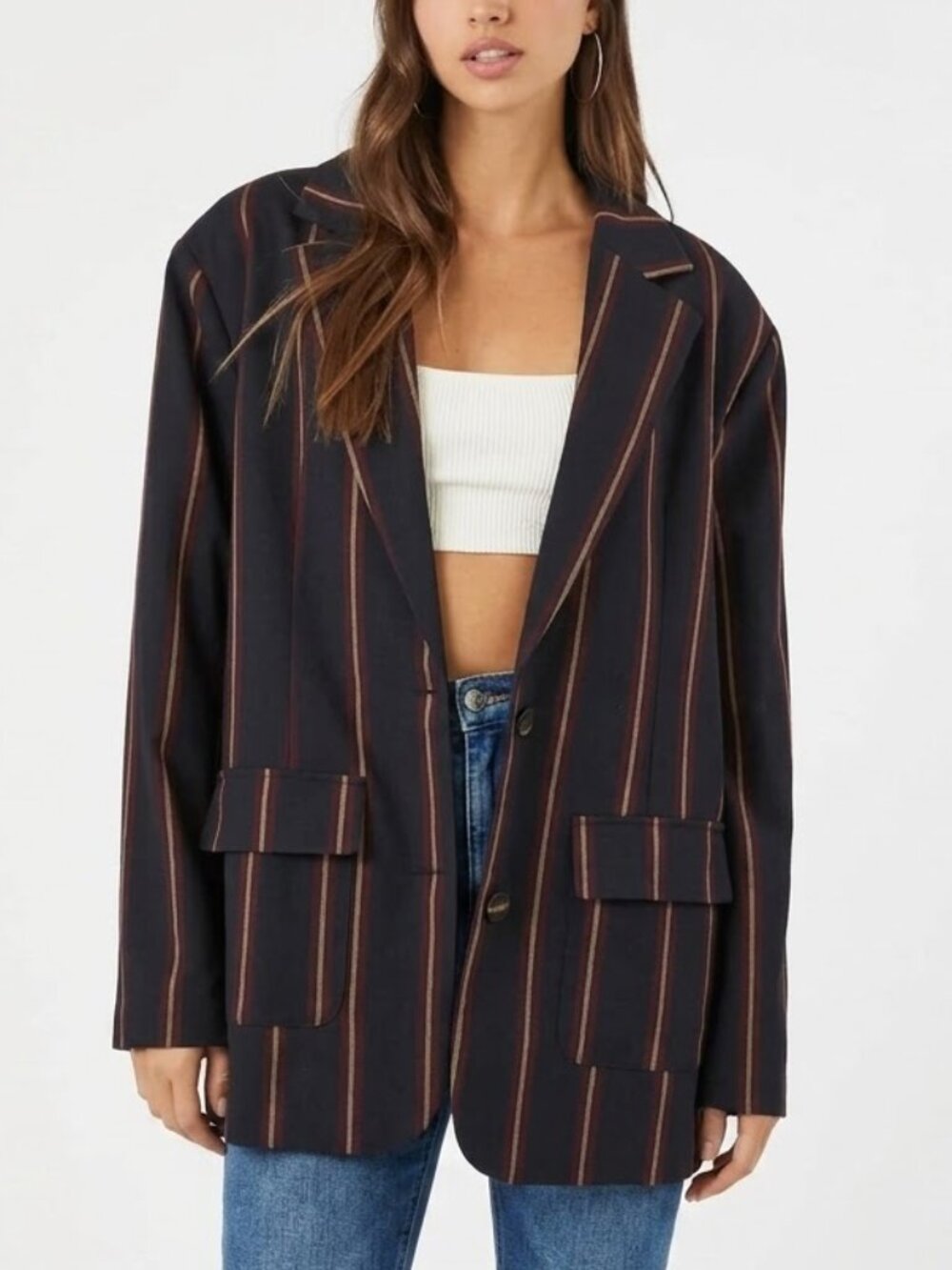 Forever 21 Dark Academia Striped Blazer Burgundy Gold Size M Preppy